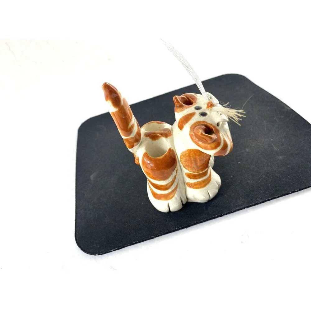 Vtg Striped Cat Pencil Holder Ceramic Handmade Gift Signed Anatomically Correct